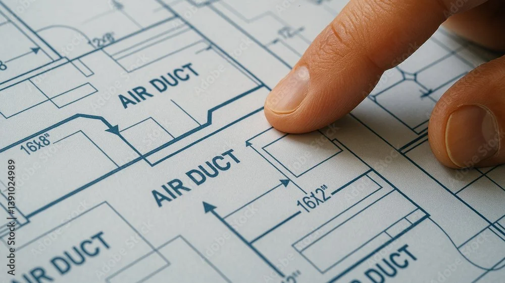 A person's finger touching a blueprint of a building's air duct system.