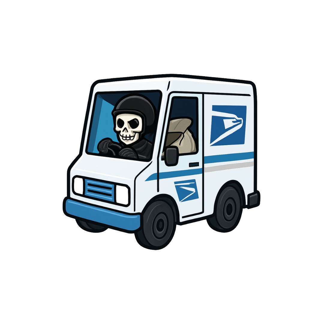 Cartoon USPS mail delivery truck with a skeleton driver wearing a helmet.