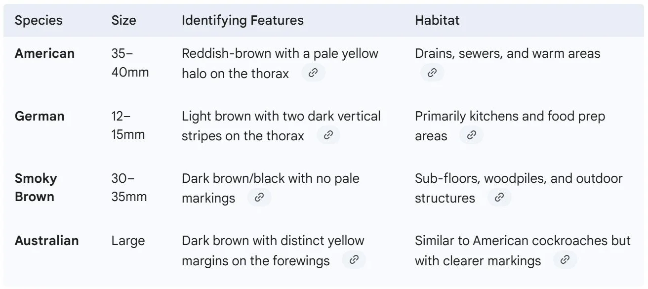 Comparison of common Australian cockroach species, including identification features, size and typical habitats.