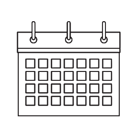 A simple black and white illustration of a calendar with three binding rings at the top.