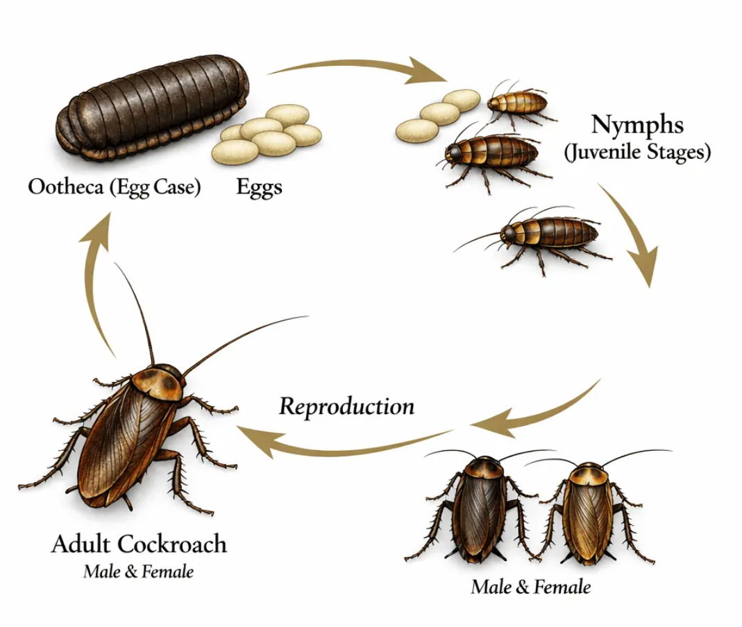 Cockroach life cycle showing the egg case, eggs, nymph stages, adult cockroach and reproduction process.