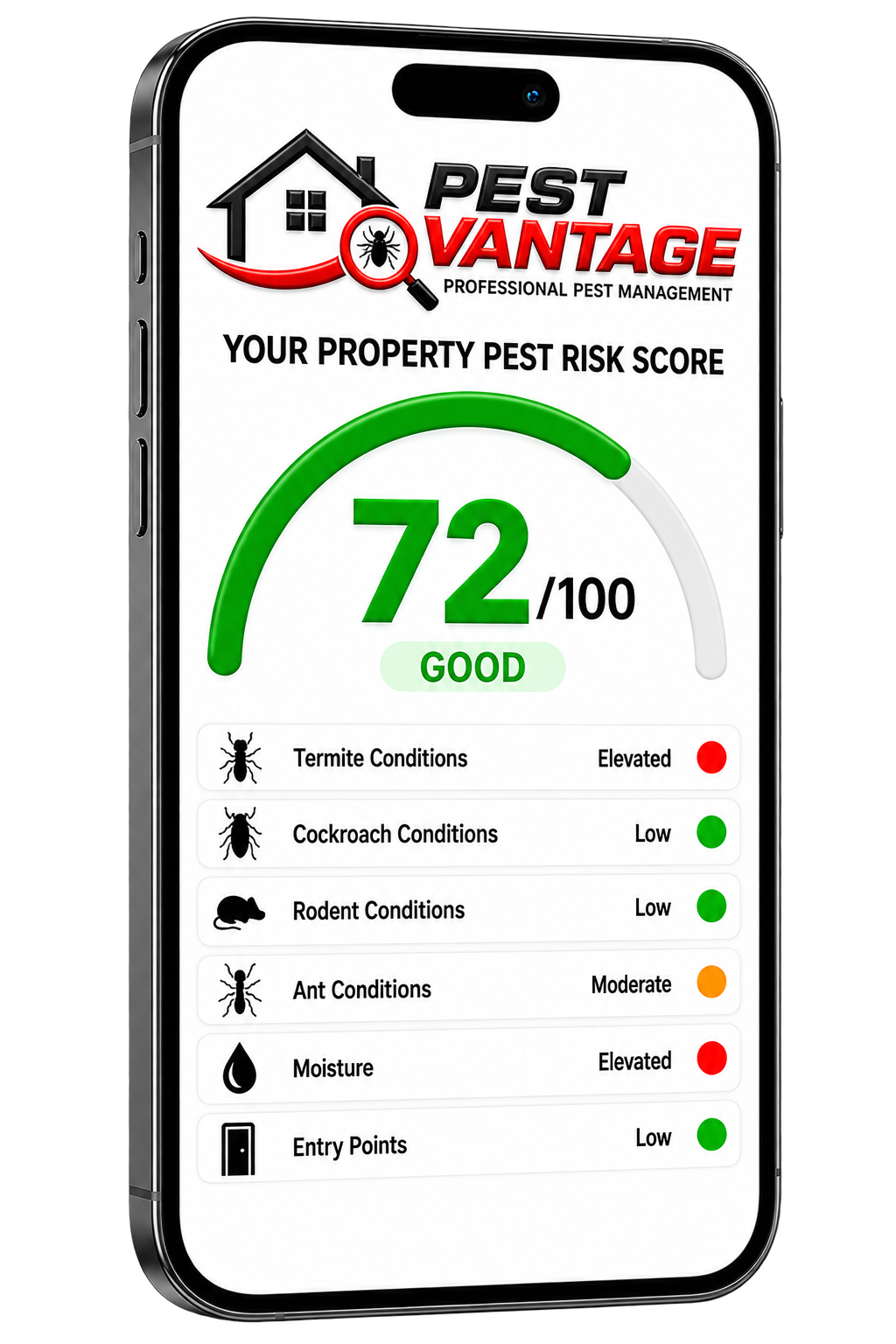 Pest Vantage Pest Risk Score displayed on a mobile phone, showing a property pest risk assessment and score.