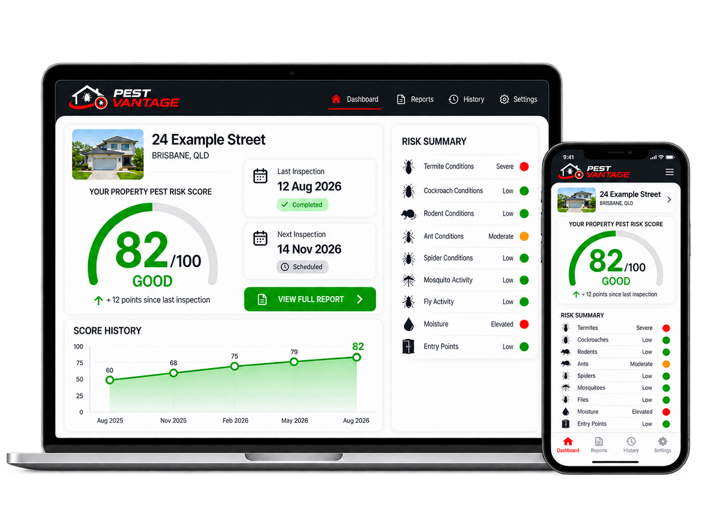 Pest Vantage digital pest management dashboard showing a property Pest Risk Score, inspection history and upcoming inspections.