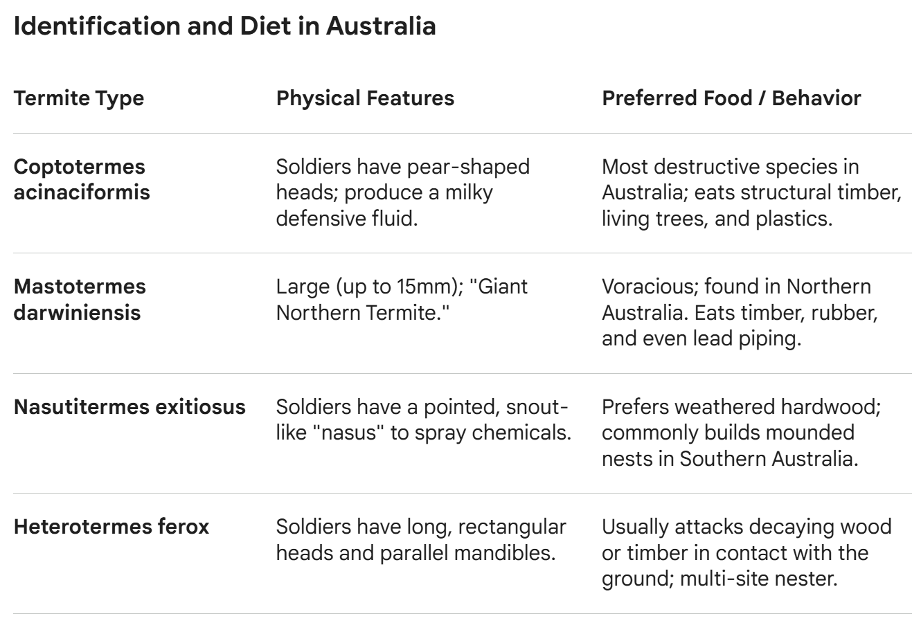 Australian termite identification guide comparing common termite species, physical features, diet and behaviour.