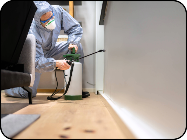 Professional pest control treatment being applied inside a property.