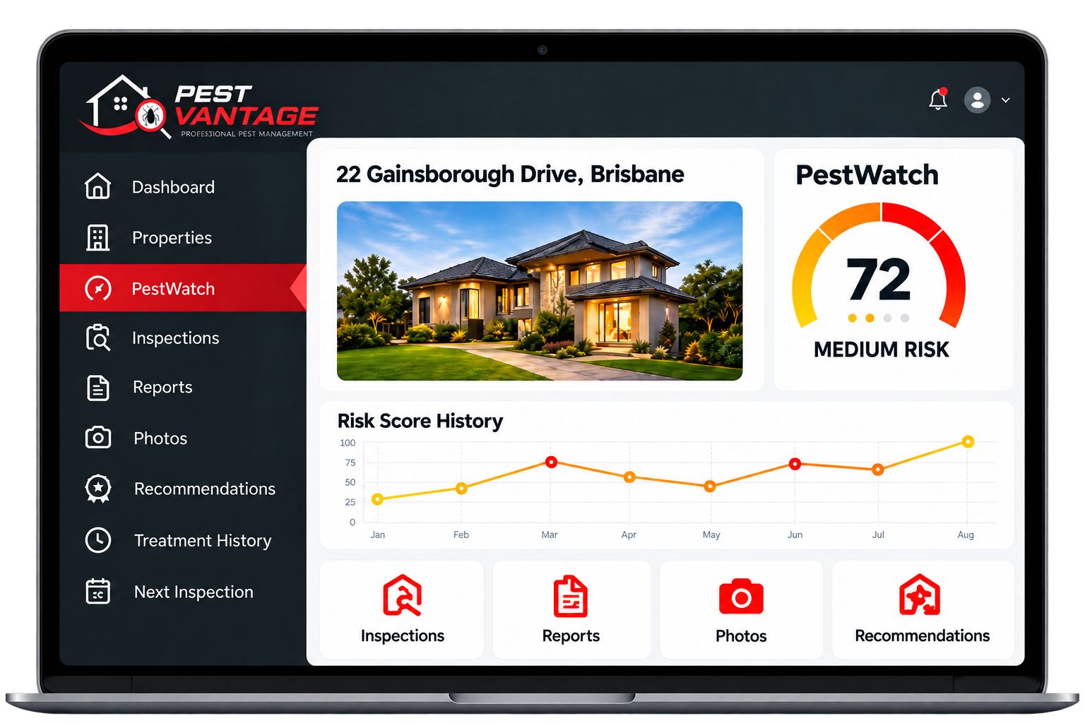Pest Vantage digital pest management dashboard showing a property Pest Risk Score, inspection history and ongoing pest monitoring.