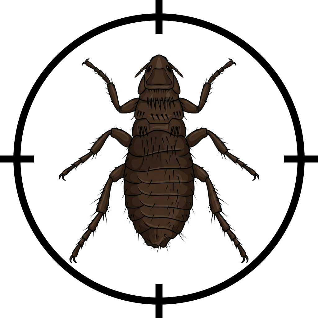 Illustration of a brown insect with six legs and segmented body against a circular geometric background.