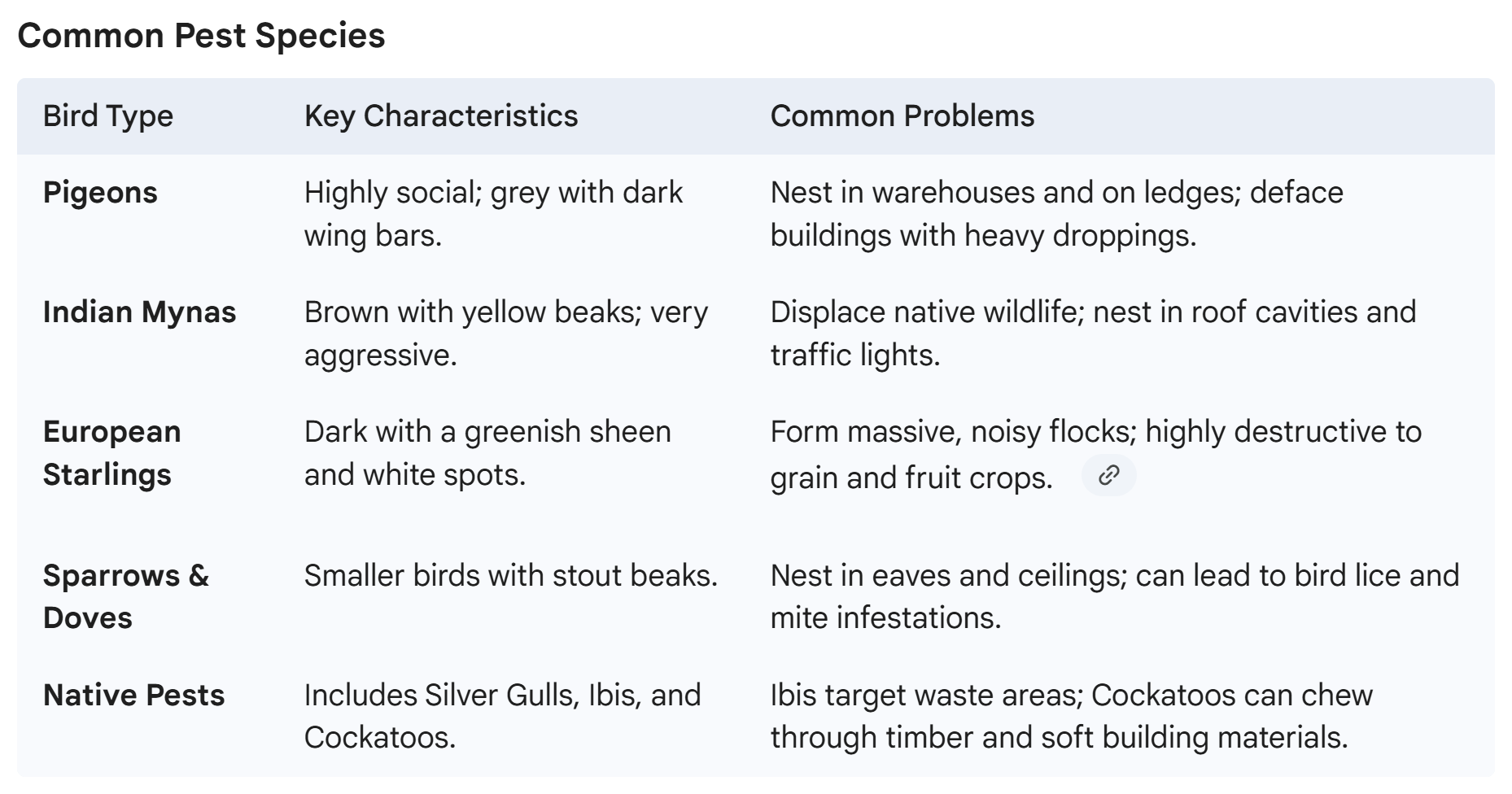 A table titled 'Common Pest Species' lists different bird types with their key characteristics and common problems. The bird types include Pigeons, Indian Mynas, European Starlings, Sparrows & Doves, and Native Pests, with details about each.