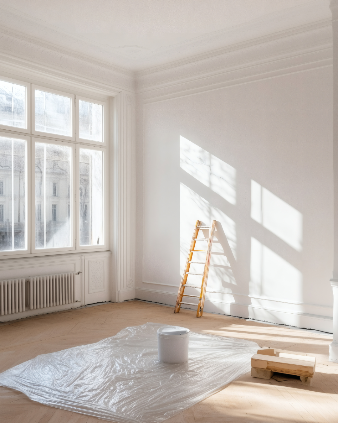 An empty room with large window, white walls, wooden floor, and sunlight casting shadows. There is a wooden ladder, a plastic sheet on the floor, a bucket, and some wooden planks.