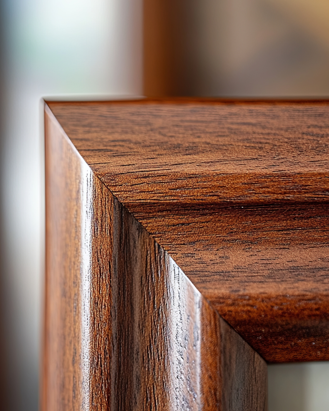 Close-up of a corner of wooden trim with visible wood grain, with a blurred background.