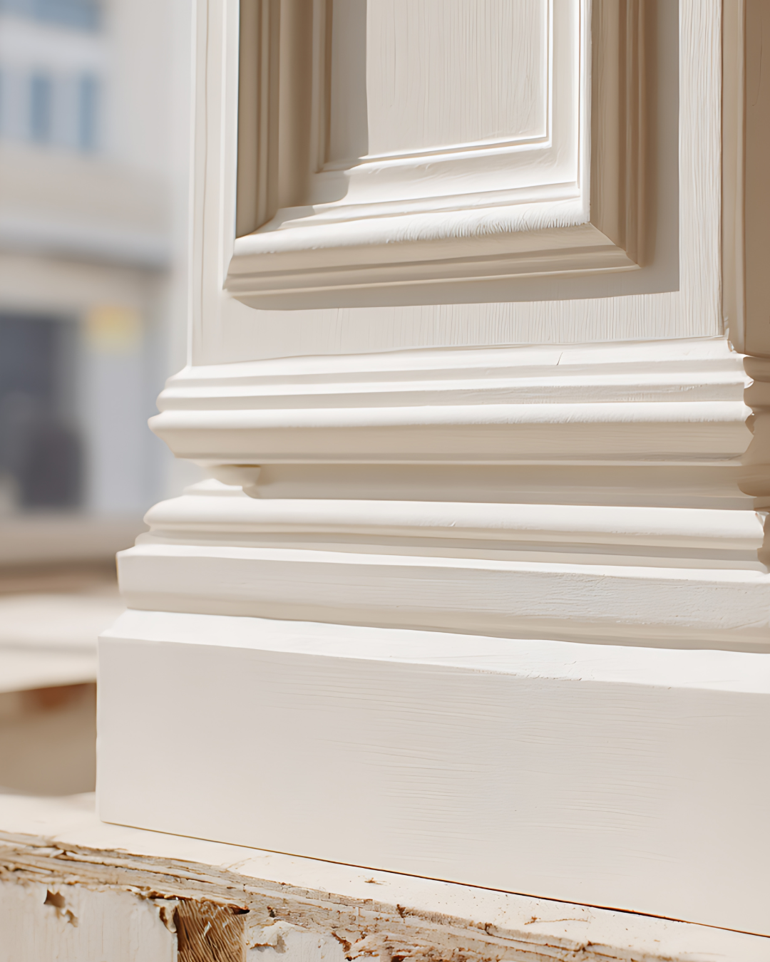 Close-up of a wooden architectural element with detailed molding painted in white, with sunlight illuminating the surface.