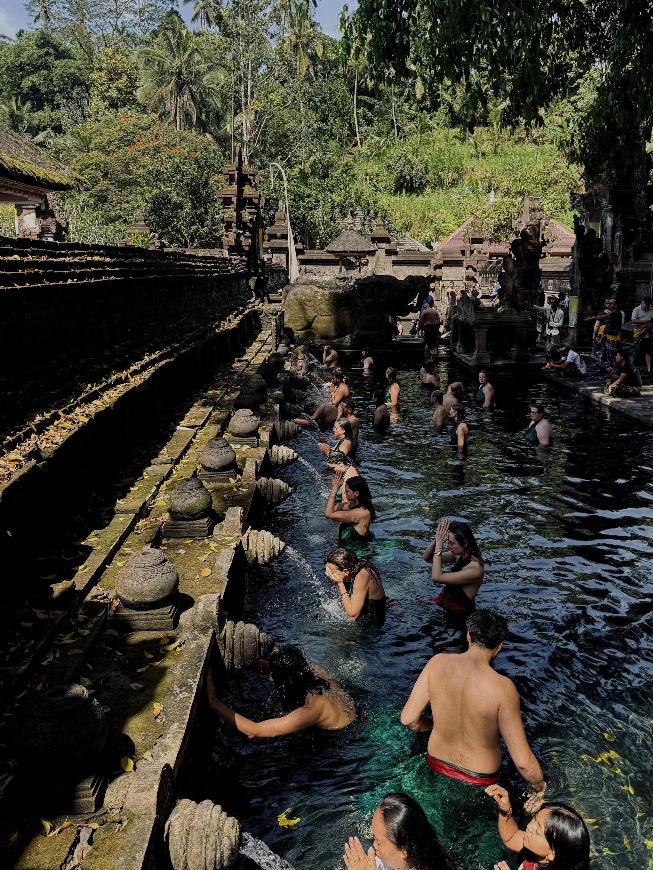 People bathing and praying in a sacred water temple with stone carvings and lush tropical trees in Bali.