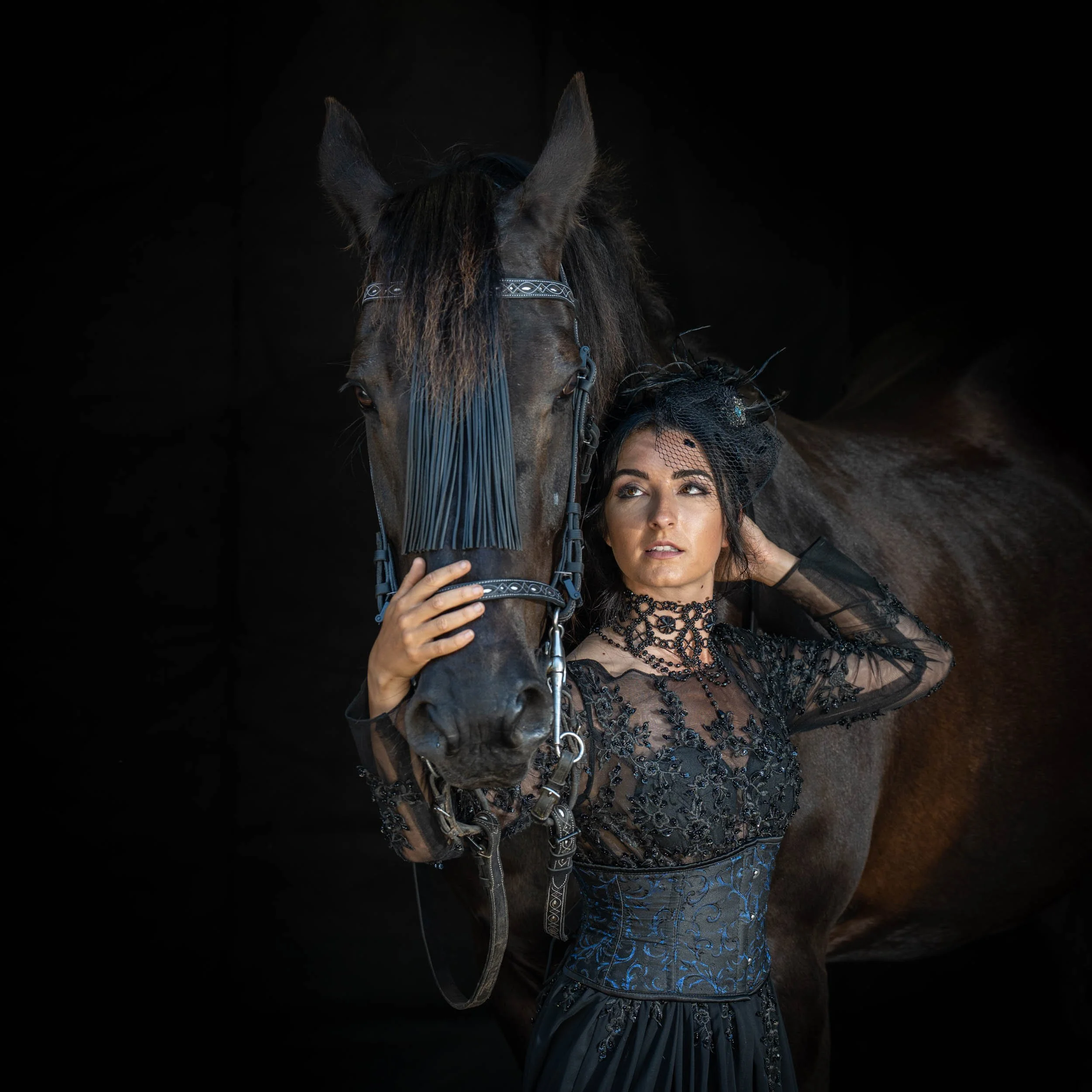 A woman dressed in black lace and satin gown with a veil and jewelry poses with a dark brown horse against a black background.