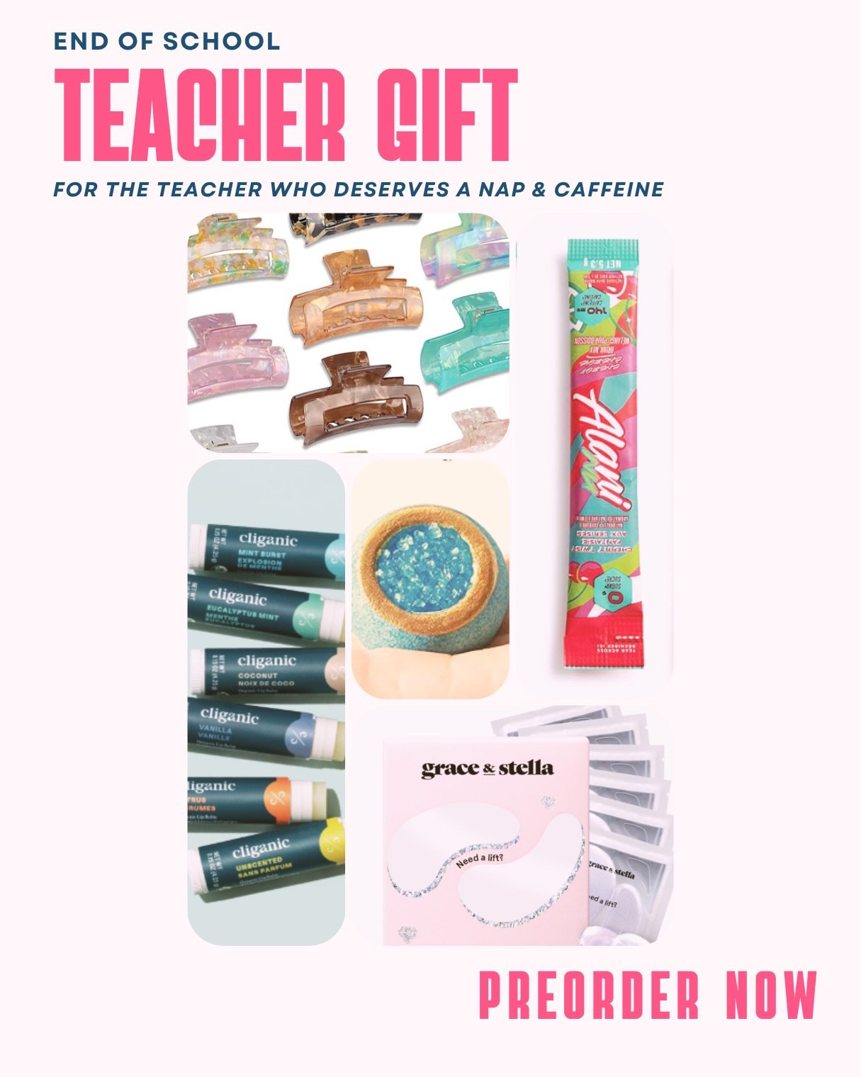 Teacher Reset Kits are here 🤍✨

The perfect end-of-year gift for the overstimulated, overworked teacher who deserves a summer reset.
Each boutique-style gift bag includes trendy + useful goodies like:
&bull; claw clips
&bull; eye masks
&bull; energy