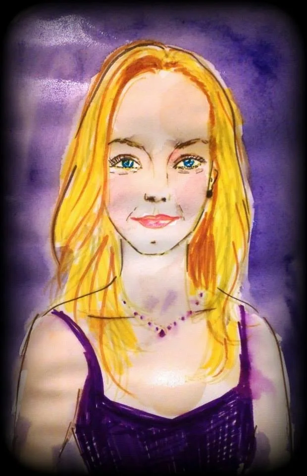 A watercolor painting of a young woman with long blonde hair, blue eyes, wearing a purple dress and a purple necklace, against a purple background.