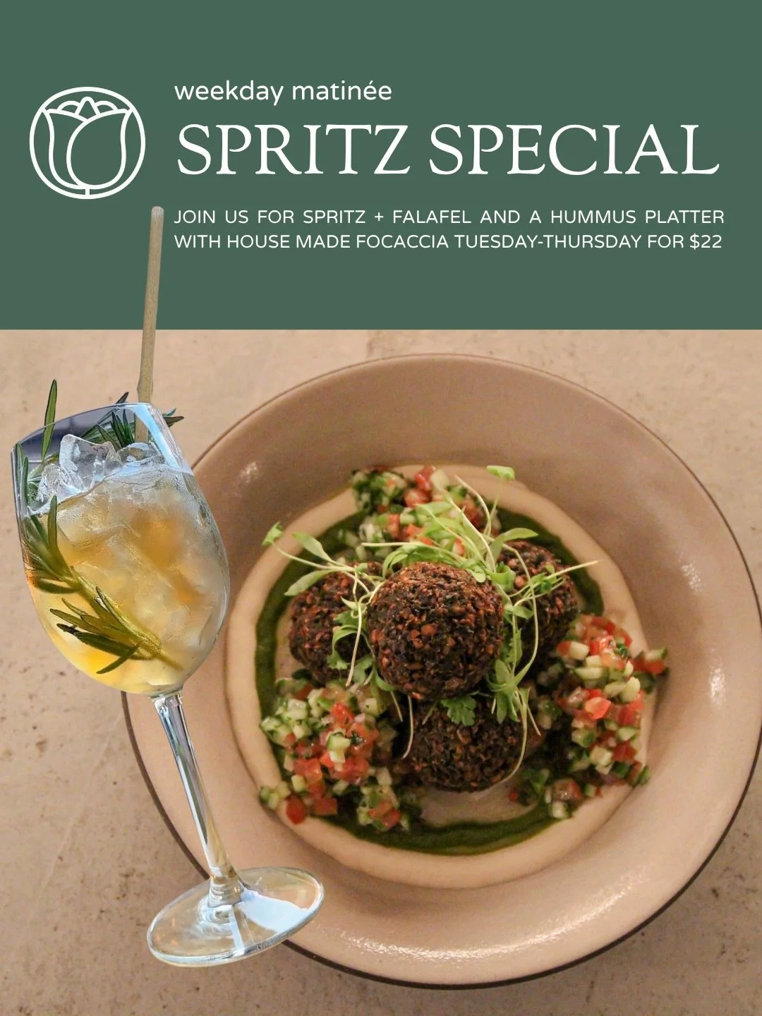 🥂CUE THE CONFETTI🥂 Introducing our Spritz Special just in time for Spring 🌷
Enjoy a Tuesday-Thursday weekday matin&eacute;e at SHŌSH

Join us for a spritz of your choice + falafel and a hummus platter with our house made focaccia for $22

👉 Swipe