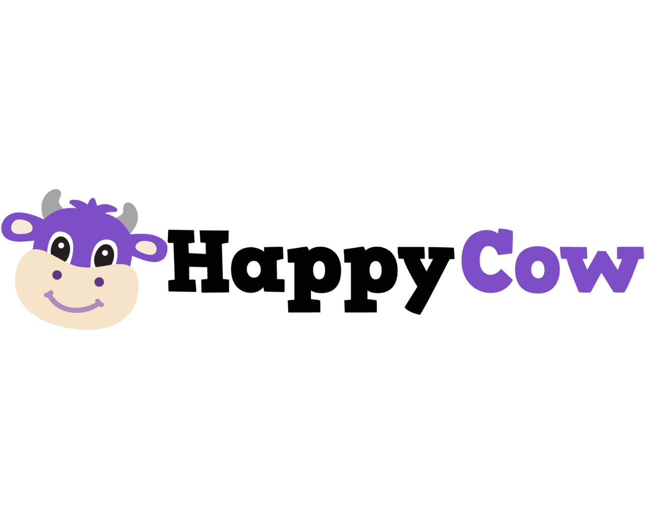Logo for Happy Cow with cartoon purple cow with smiling face, black eyes, gray horns, and white spots; text reads 'HappyCow' in 3D letters.