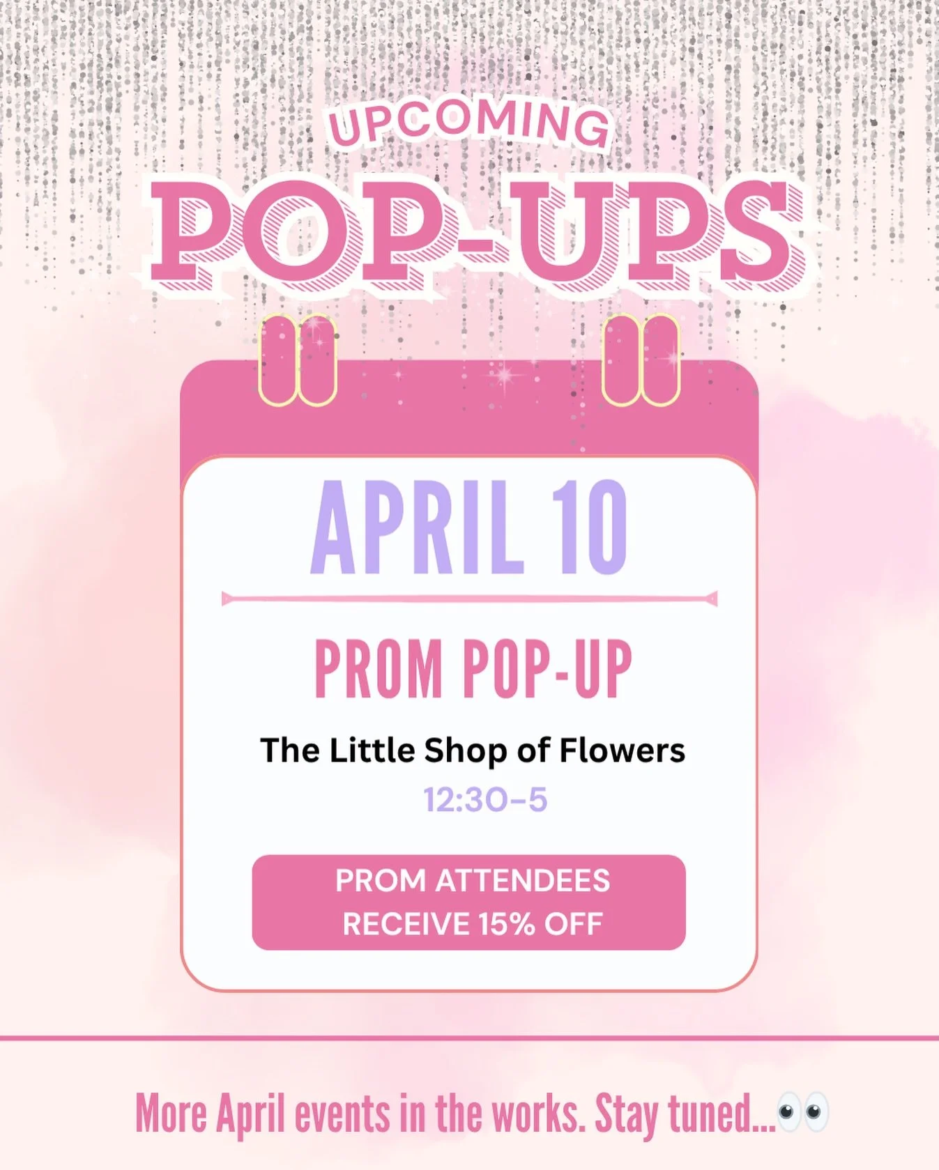 ✨ POP-UP ALERT ✨

Here are some upcoming pop-up details 💖
I also have more April dates in the works&hellip; stay tuned 👀

April 10 | 12:30&ndash;5
The Little Shop of Flowers 💐

Make sure to stop by next week &mdash; all are welcome &amp; walk-ins 