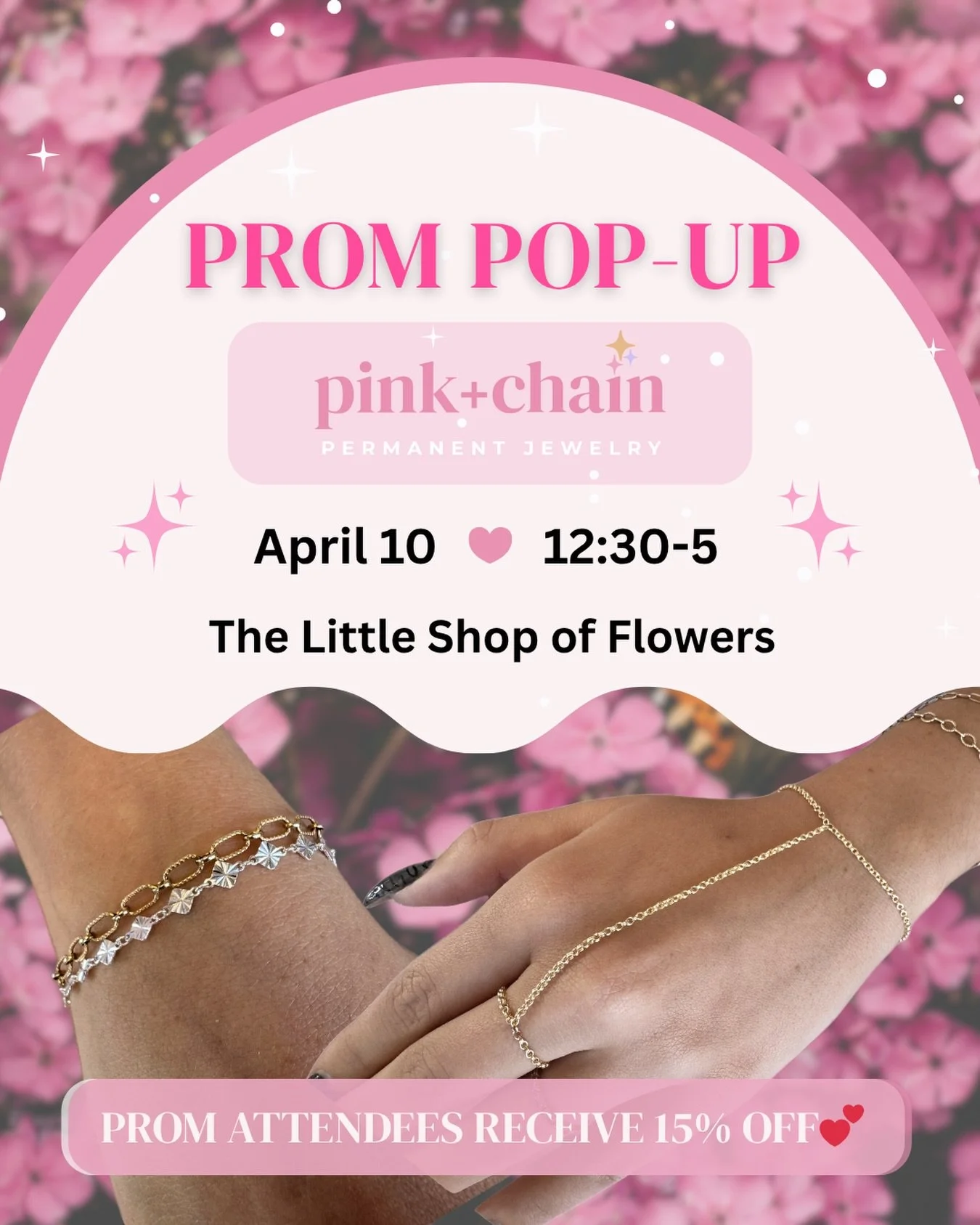 ✨THIS FRIDAY✨

Come get linked while you pick up your prom florals from @little_shop_pittsburg 💐
Permanent jewelry is the perfect one-of-a-kind accessory you need to complete your prom look! PLUS it&rsquo;s 15% off! 🤗

Not a prom-goer? No problem! 