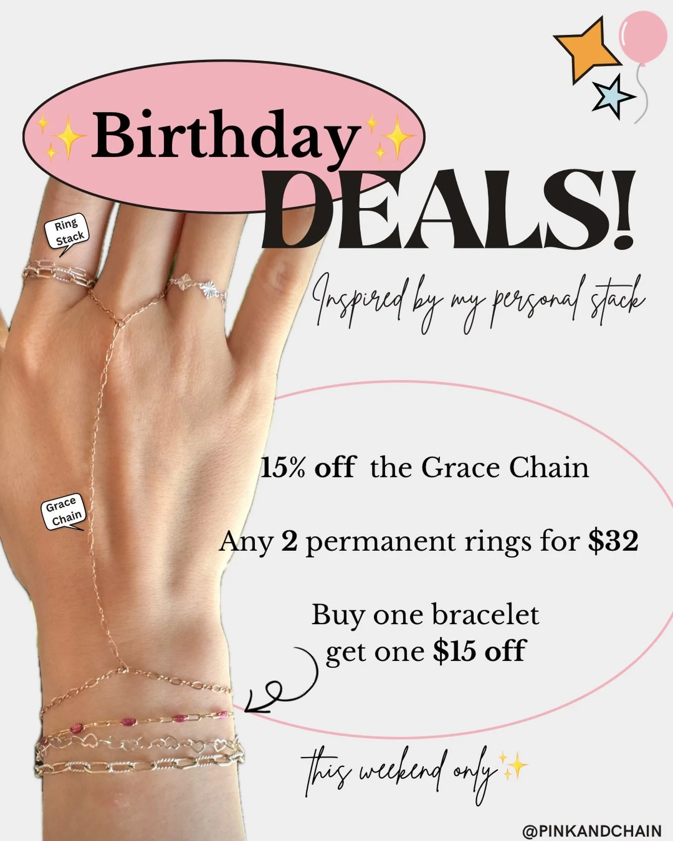 happy birthday to me 🥳✨

celebrating this weekend the best way I know how&hellip; with DEALS 💖
these are my best ones yet &amp; inspired by my personal stack 🫶🏼

✨ 15% off any piece with the Grace chain
✨ any 2 permanent rings for $32
✨ buy one b