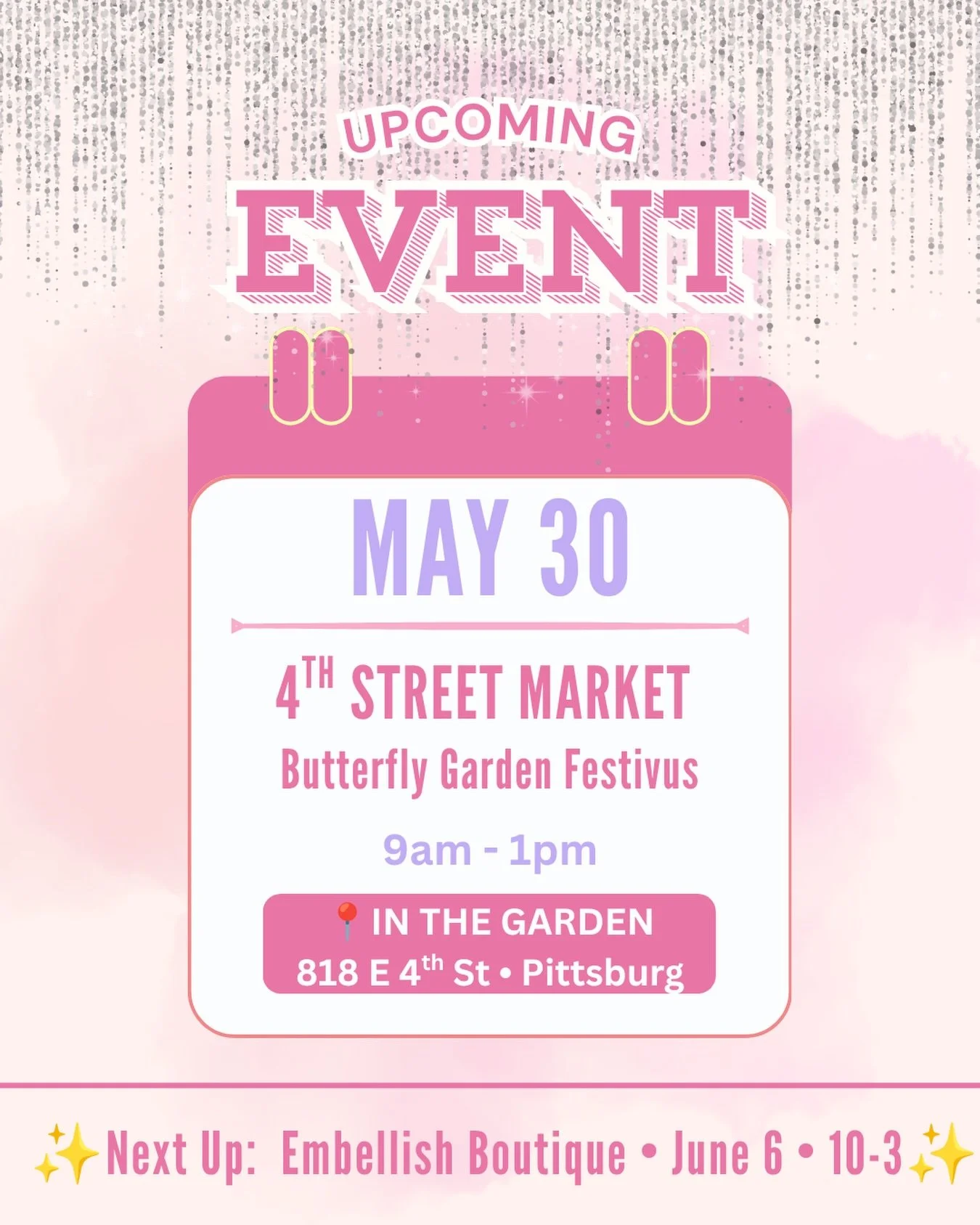 🦋✨TOMORROW✨🦋

Come spend the morning at the 4th Street Market during Butterfly Garden Festivus at In The Garden! 🌼

There will be lots of amazing local vendors, plus butterfly and pollinator-themed activities hosted by @inthegardenpittsburgks thro