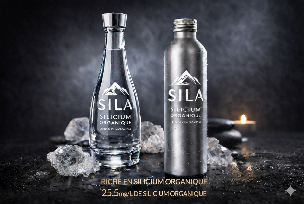 Deux bouteilles de savon à base de silicium organique sur fond noir, entourées de glace et de pierres, avec une petite bougie allumée à l'arrière.