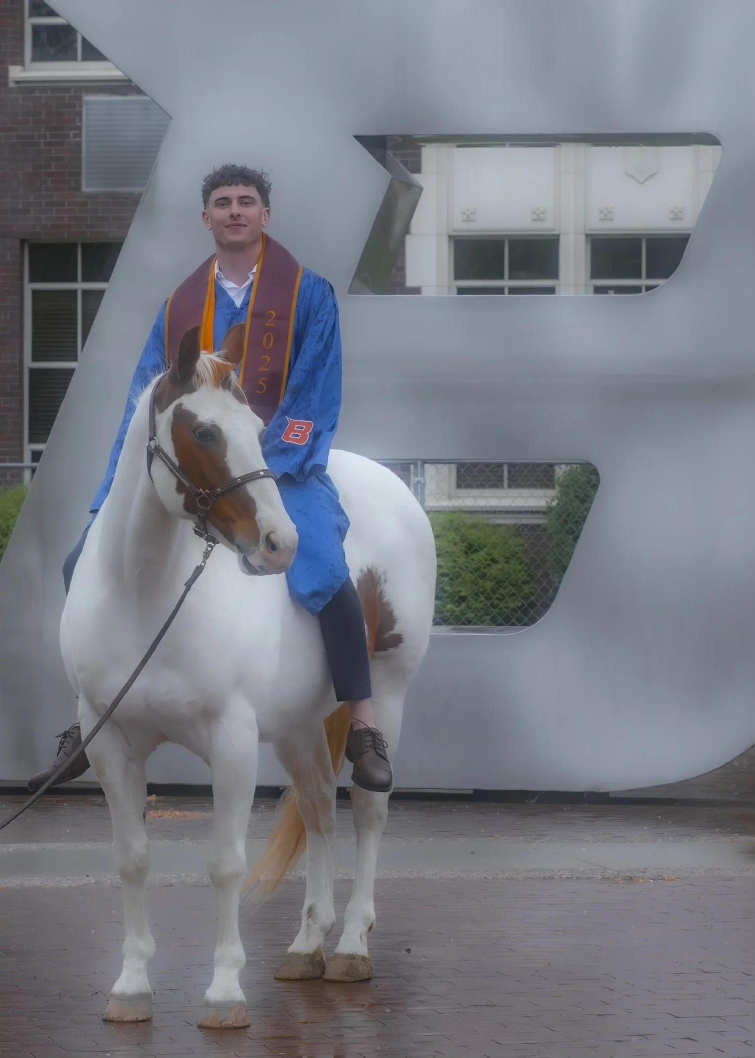 Boise State University Big B Picture with a horse.