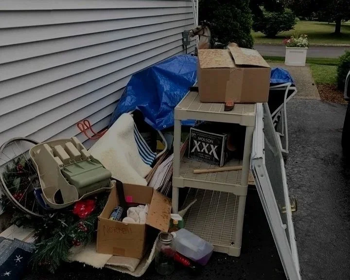 Outdoor clutter with cardboard boxes, a bicycle wheel, and a horse head sculpture.
