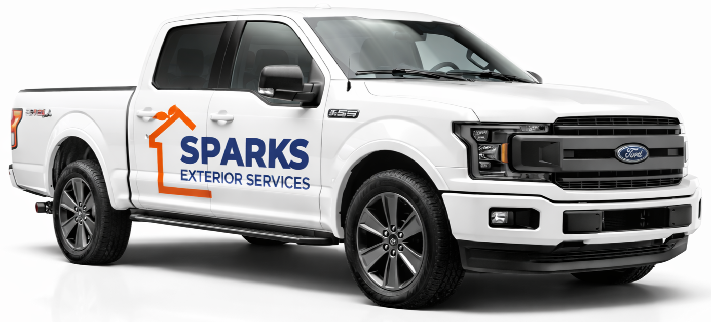 White Ford truck sparks exterior services.