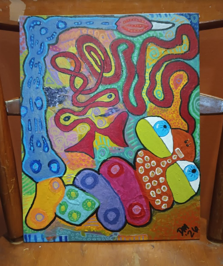 Colorful abstract painting featuring swirling lines and shapes, including two stylized creatures with large eyes, surrounded by vibrant patterns in blue, red, green, yellow, and purple.