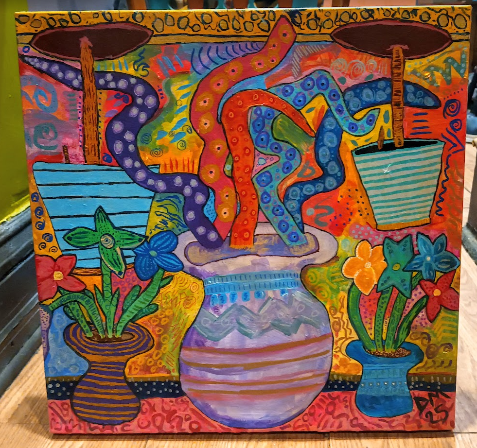 A colorful abstract painting featuring vibrant flowers in pots, whimsical snake-like shapes, and striped umbrellas, with bright, swirling background patterns.