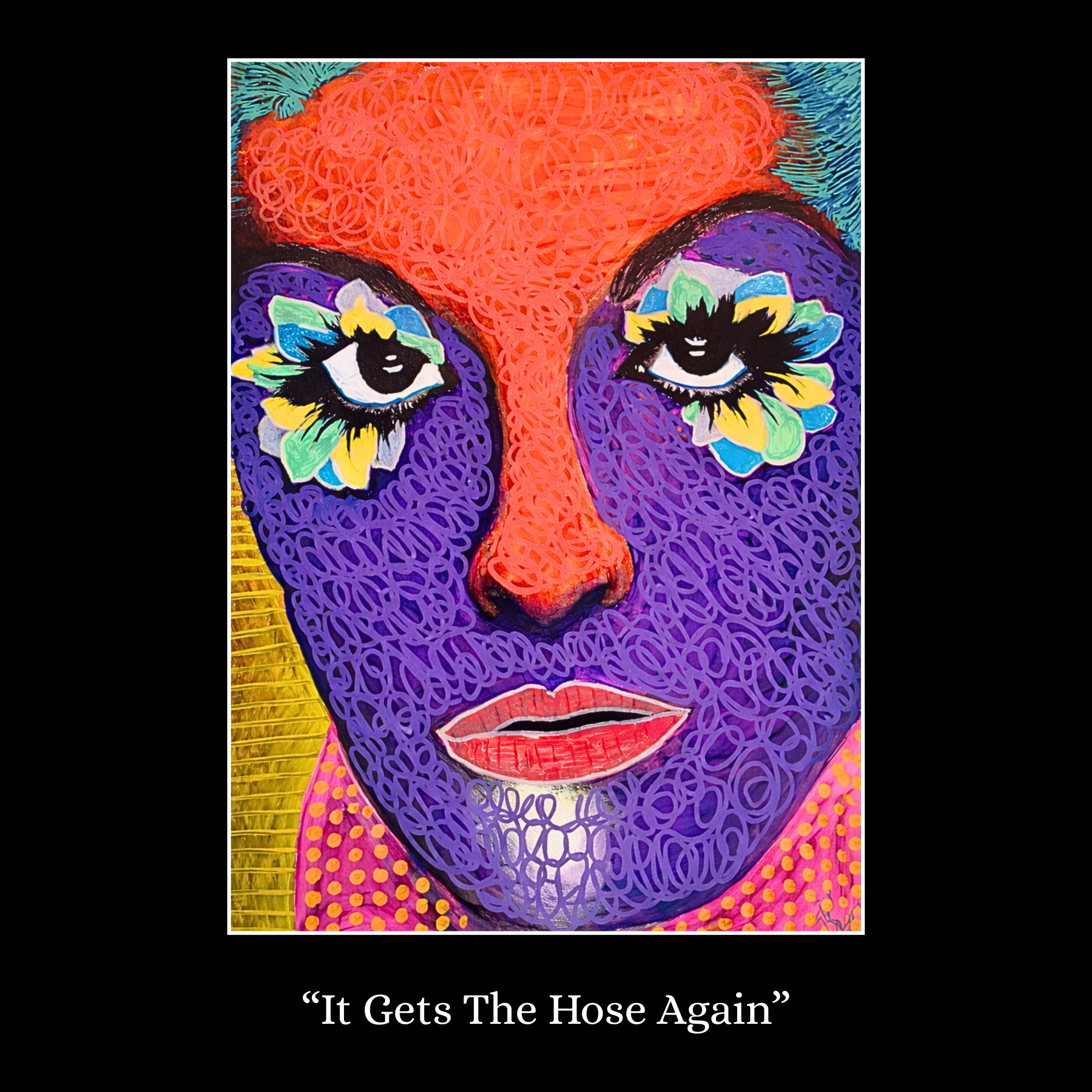 Colorful stylized portrait of a woman with exaggerated makeup featuring large eyes with colorful eyeshadow, a nose, and lips painted in vibrant shades. The portrait is artistically rendered with scribble-like lines and bright colors, set against a bl