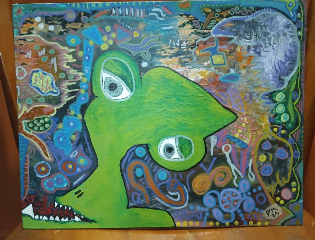 Colorful abstract painting of a green dinosaur with exaggerated eyes, surrounded by various vibrant patterns and shapes.