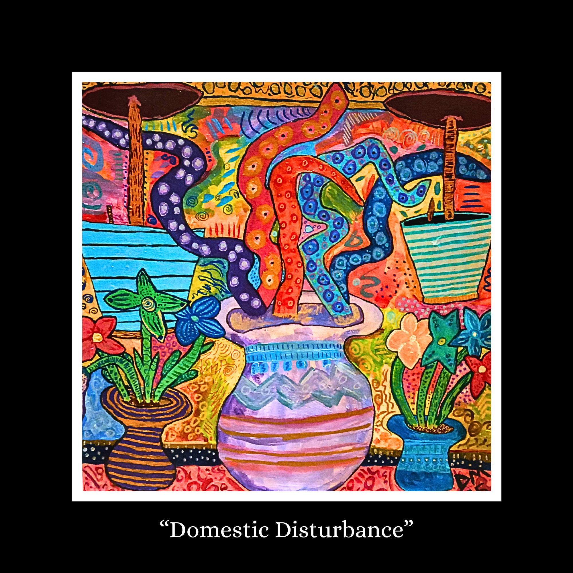 An abstract, colorful painting with swirling shapes, floral patterns, and various vibrant colors. The composition includes human-like figures, animals, plants, and decorative elements in a vivid, psychedelic style.
