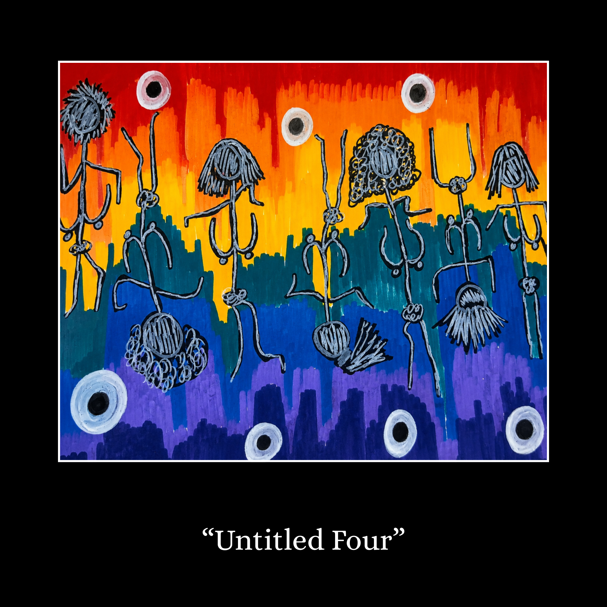 Colorful abstract painting of stick figure characters with hair resembling balls and loops, set against a vibrant background of red, orange, yellow, green, blue, and purple. The artwork is titled 'Untitled Four'.