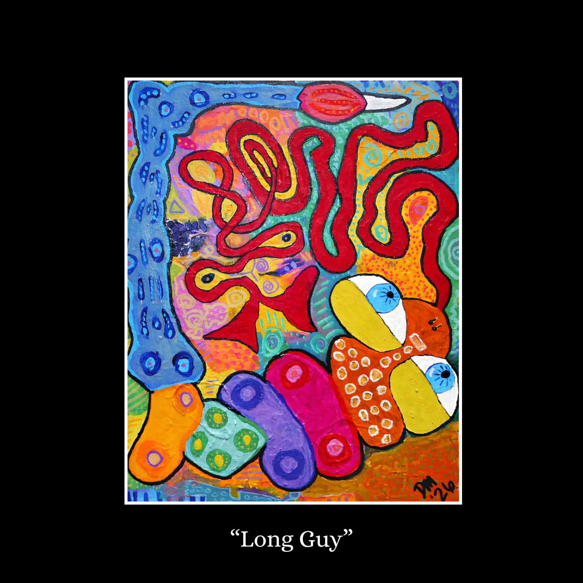 Colorful abstract painting titled 'Long Guy' featuring a variety of vibrant shapes and swirls, with a prominent red elongated figure and background filled with blue, yellow, green, and purple patterns.