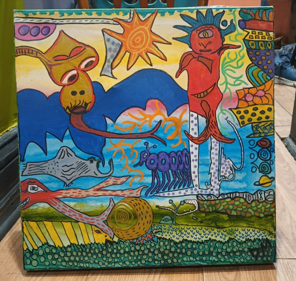 Colorful abstract painting featuring various fantastical creatures, including a fish with an eye and a long tongue, a snail, a dragon-like creature, and other whimsical shapes and patterns.