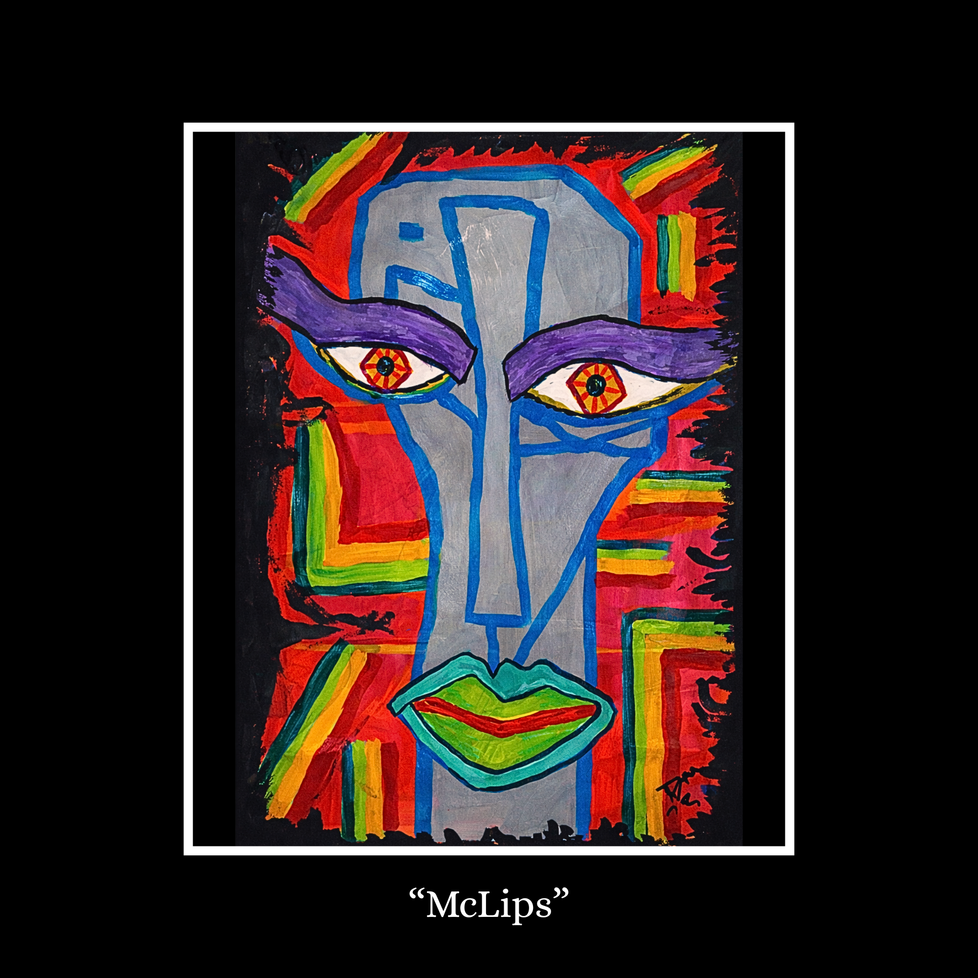Colorful abstract portrait of a face with rainbow accents and the words "Mc Lips" below it.