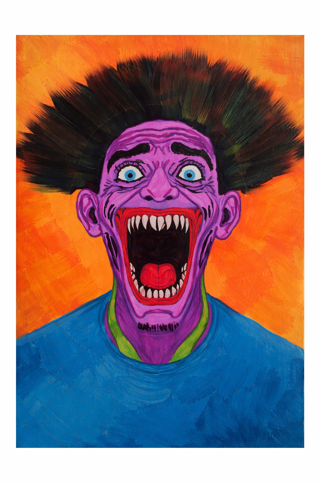 A vibrant painting of a person with purple skin, wild dark hair, and an exaggerated open-mouthed scream showing sharp teeth and red tongue, set against an orange background.