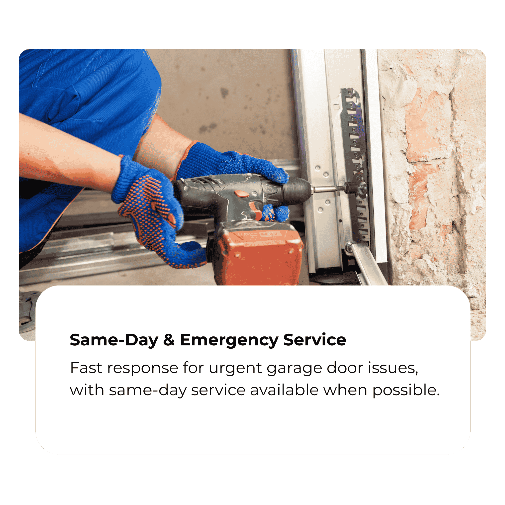 Worker in blue uniform and gloves repairing a garage door with a cordless drill
