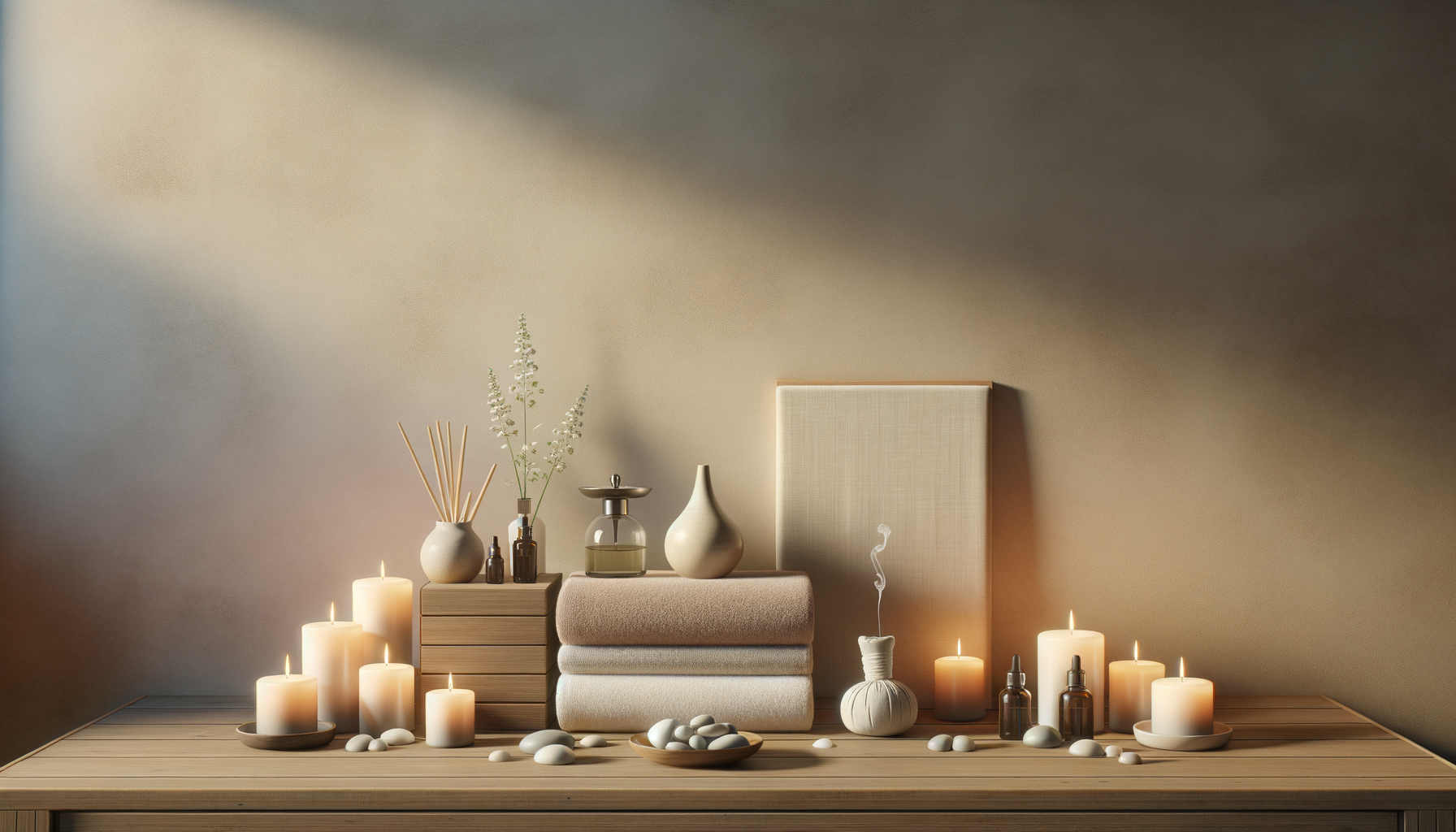 Calming candle and stone display at Flawless Sculpting Spa, enhancing relaxation in Houston Tx.