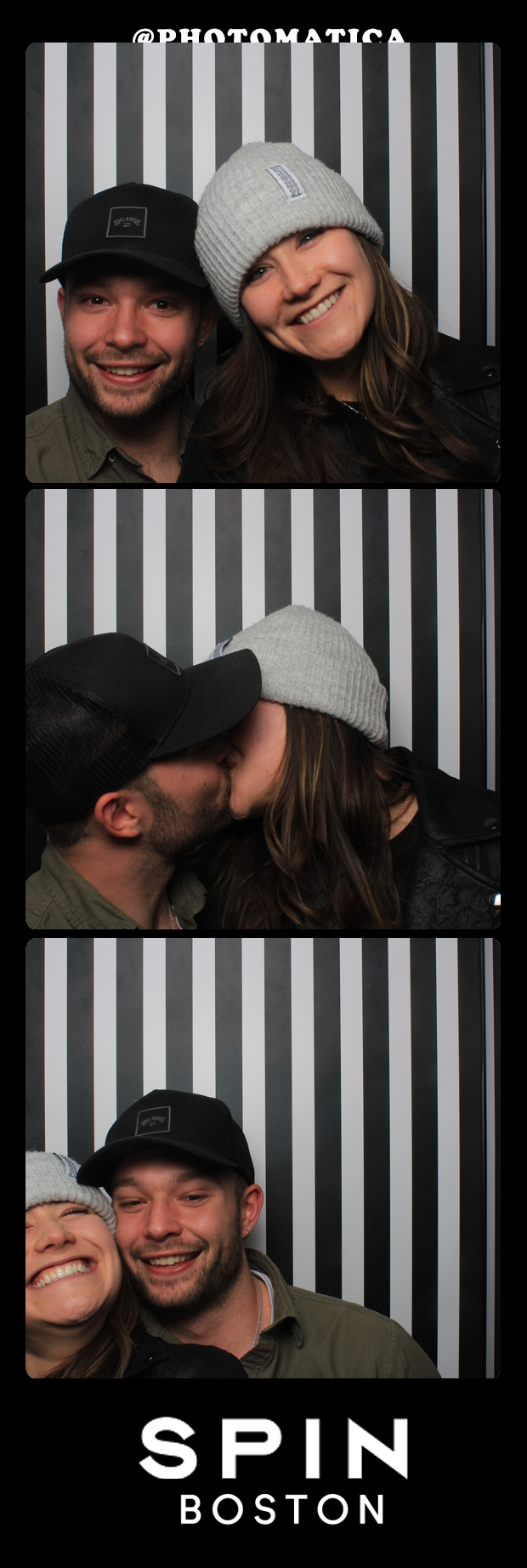 Photo booth strip featuring a young couple with at the top, both smiling, in the middle, sharing a kiss, and at the bottom, smiling happily with the woman leaning on the man's shoulder, against a black and white striped background, with the words 'SP