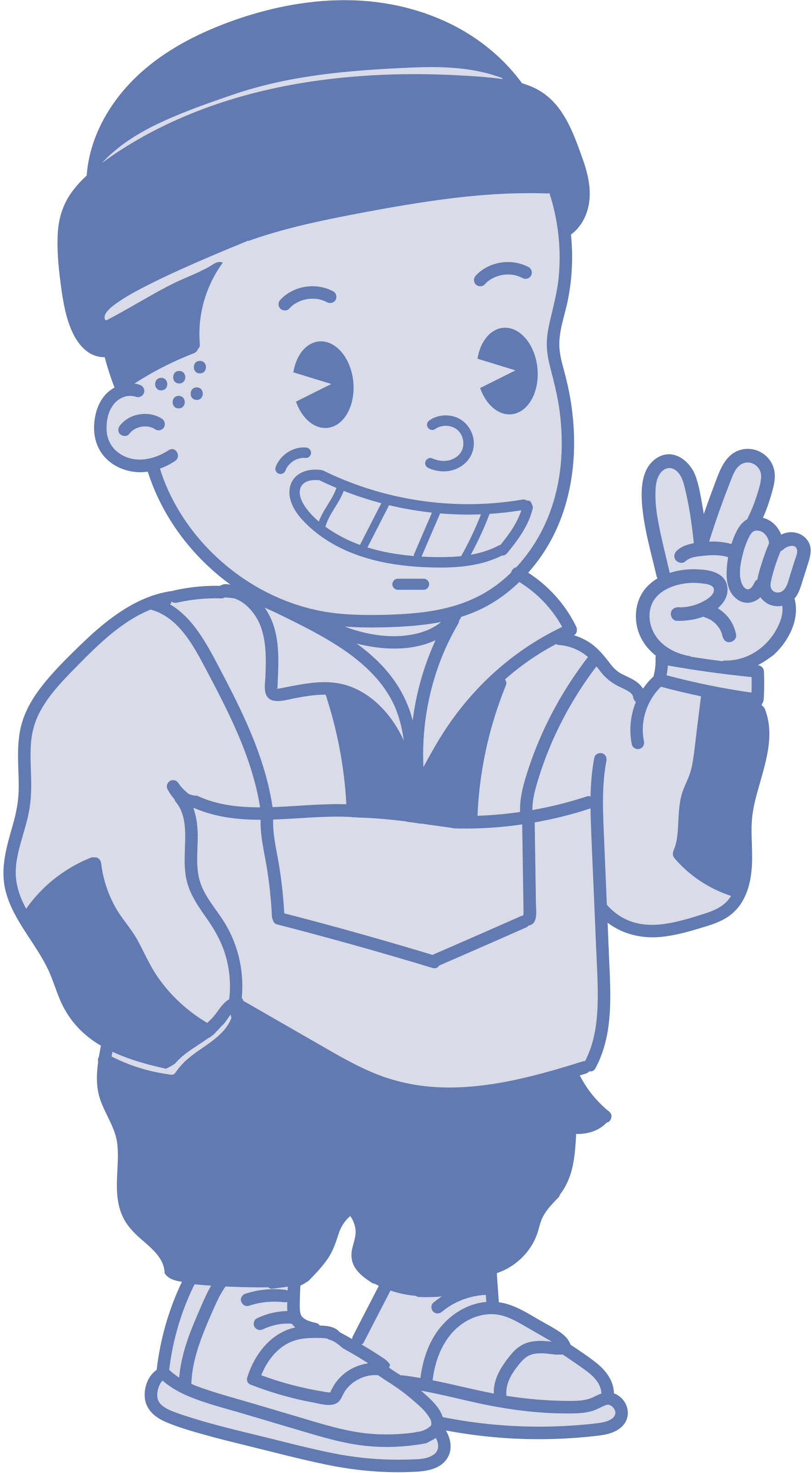 Cartoon of a smiling boy with short hair, wearing a beanie, hoodie, shorts, sneakers, and making a peace sign with his right hand.