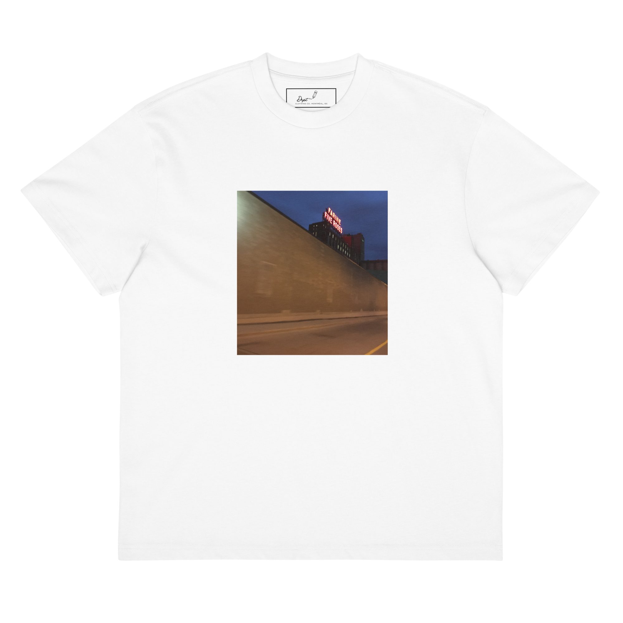 White T-shirt with a printed photograph of a building with a sign that reads 'FARINE FIVE ROSES' and a night sky background.