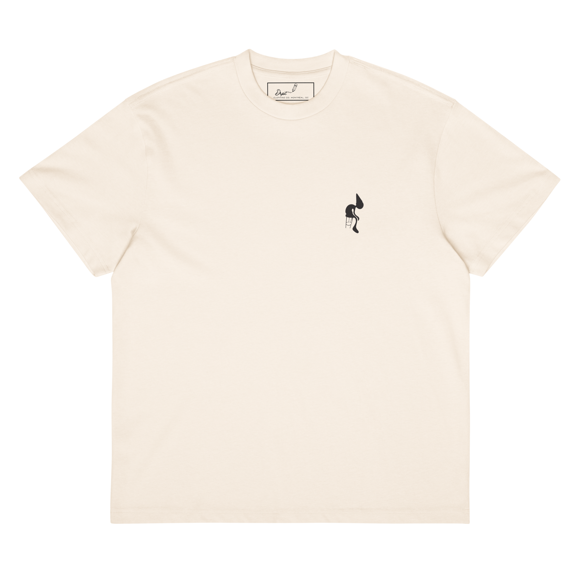 Off-white T-shirt with a small black DRPT dunce logo on the front