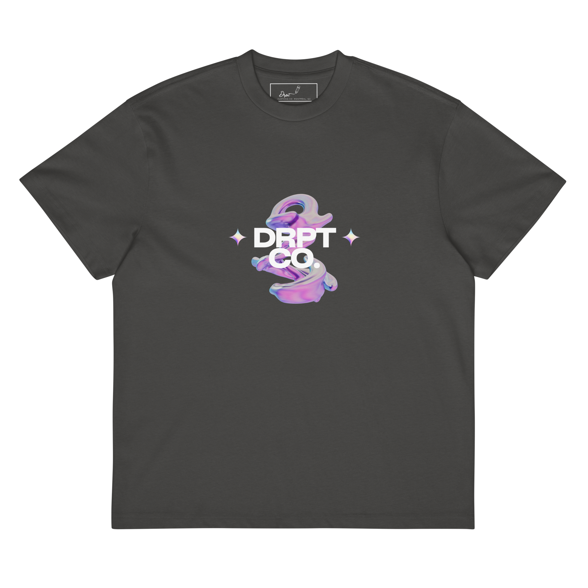 Dark gray t-shirt with a colorful liquid illustration and the text 'DRIPT CO' on the front.