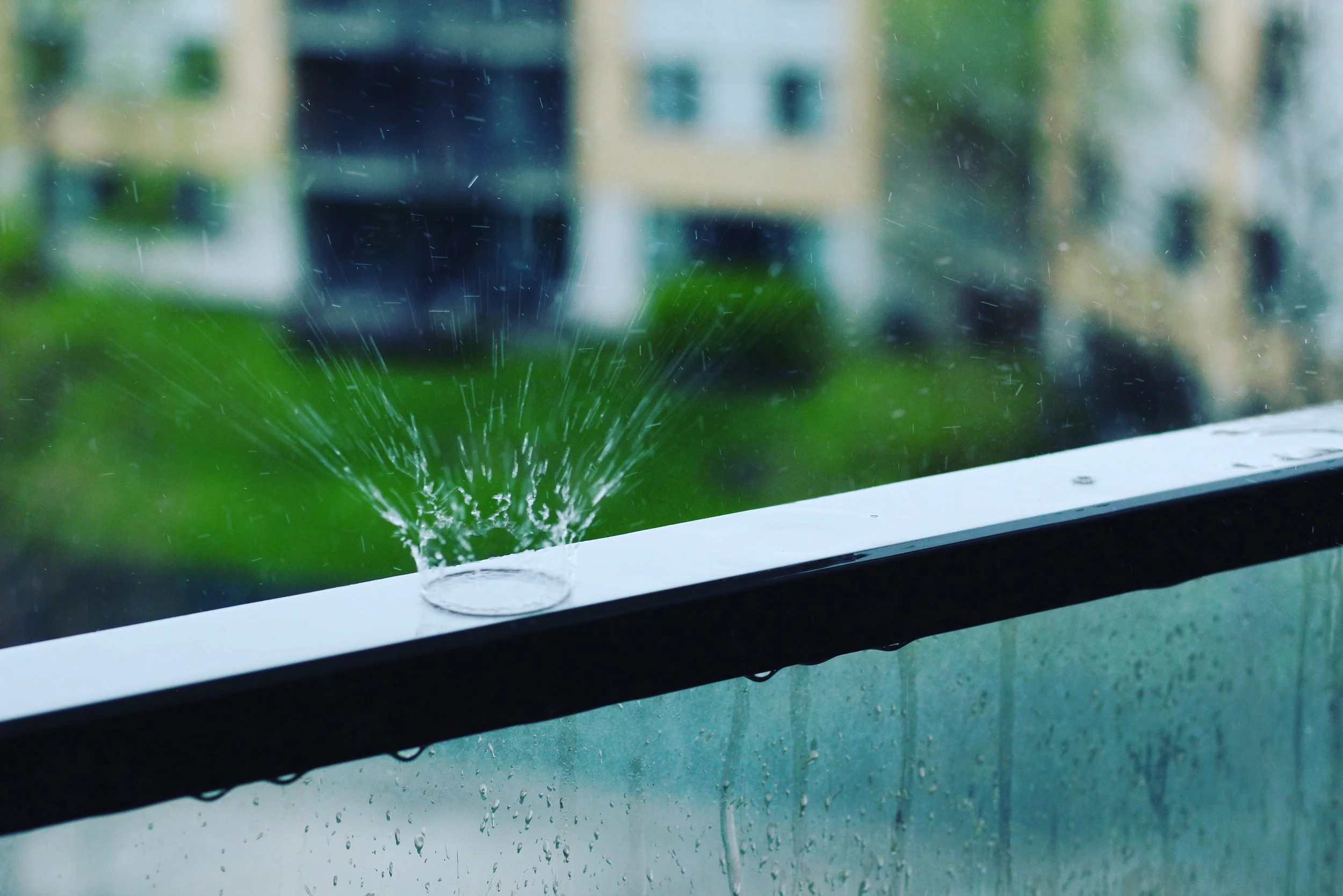 A distorted view of a window with a spider web and a crack in the glass, reflecting building and greenery outside.
