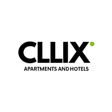 Clix Apartments and Hotels logo with black text and a small green dot on the letter 'X'