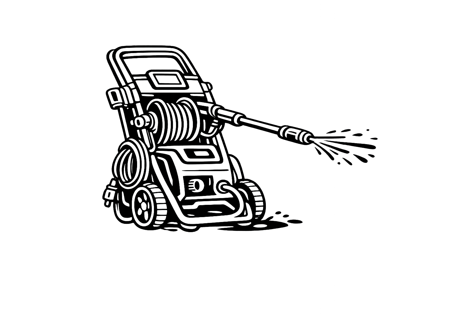 A black and white illustration of a portable pressure washer with a hose reel, spray gun, and wheels, actively spraying water.