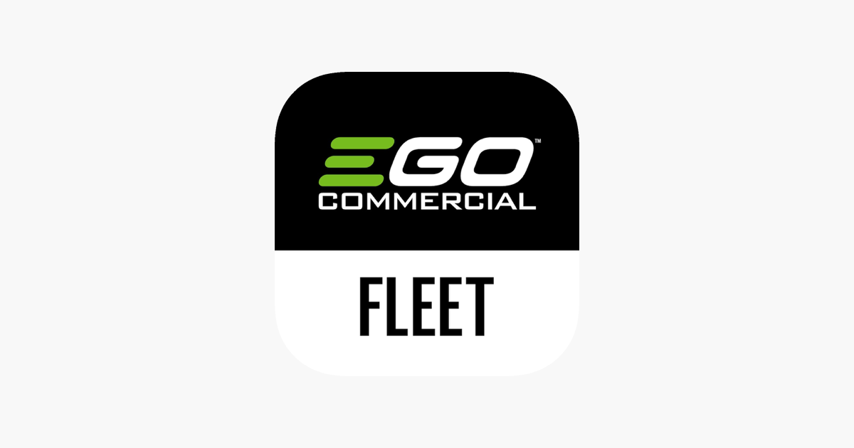Mobile app icon for EGO Commercial Fleet with green and white logo on black background.